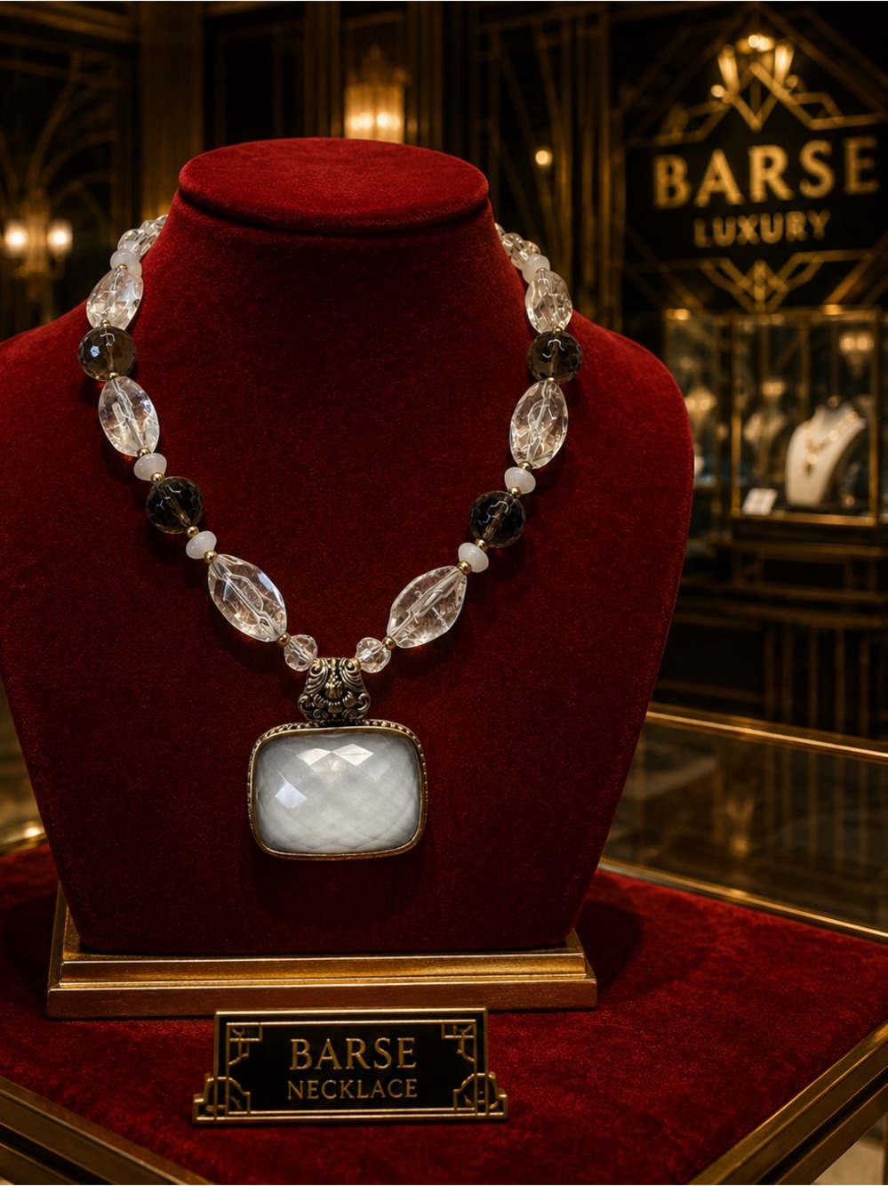 Art Deco Style Barse Rock Crystal and Smoky Topaz Genuine Bronze Necklace